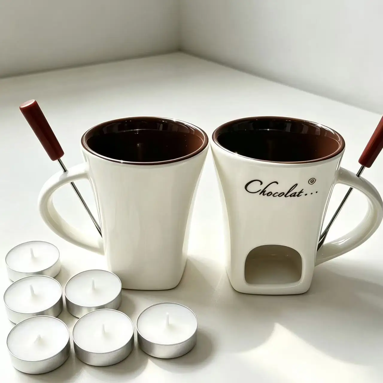 Ceramic Chocolate Fondue Mug Set With Fork Tealight Candle Holder Hot Chocolate Melting Cup Home Kitchen Party Decor Gift