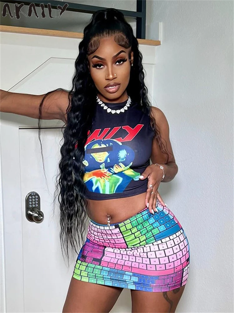 Akaily Summer Y2K Keyboard Graphics Print Mini Skirt Hipster Streetwear For Women 2024 Low-Waist Stretch Skinny Sexy Club Skirt