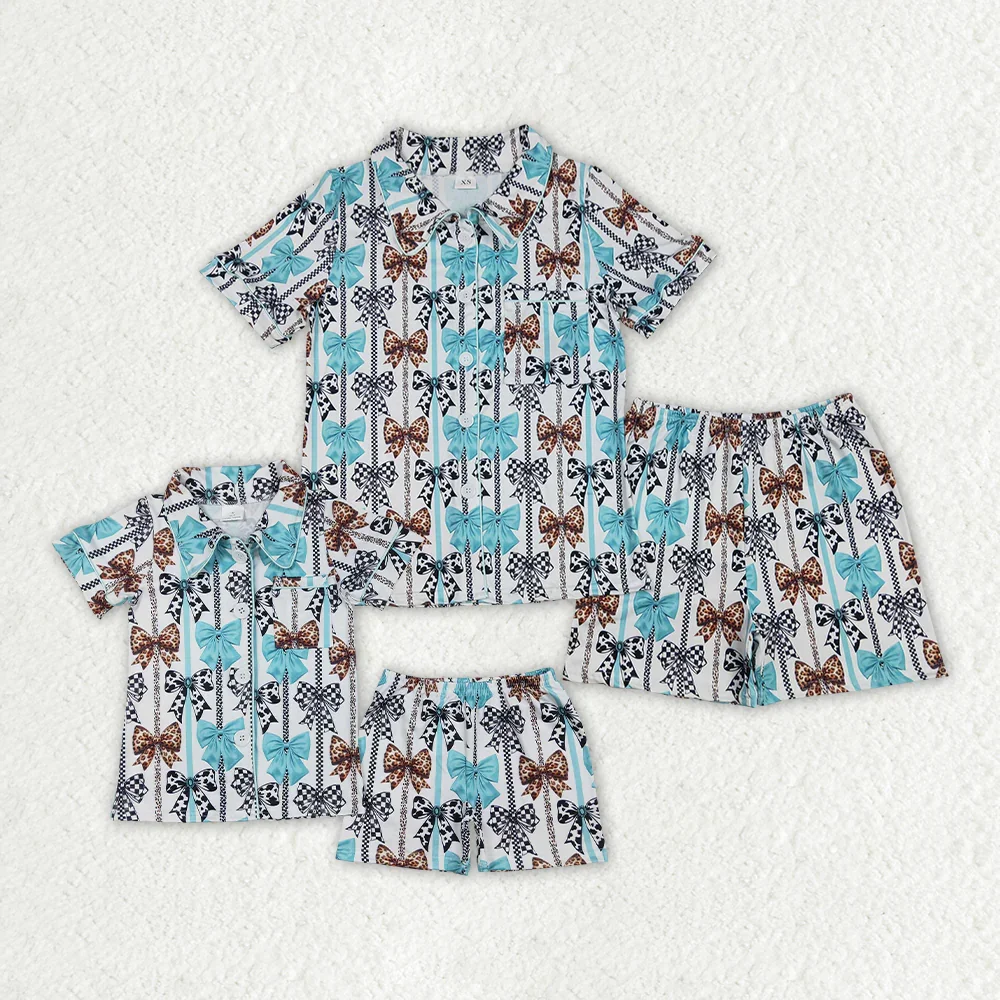 

GSSO1858 Wholesale Summer Boutique kids clothes girl leopard bow pattern blue short sleeve shorts sets baby adult clothes sets