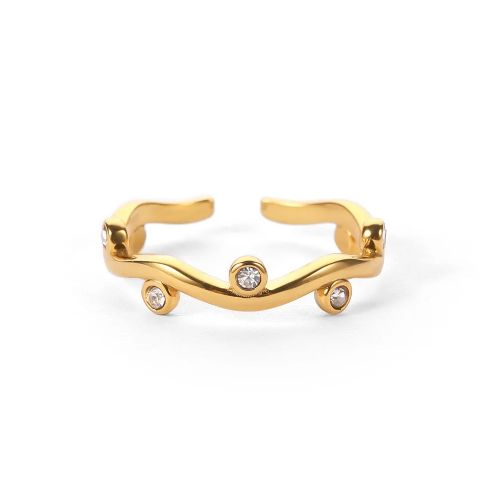 

Stainless Steel PVD 18K Gold Plated Tarnish Waterproof Rhinestoned Wave Ring For Woman Jewelry Wholesale Trendy