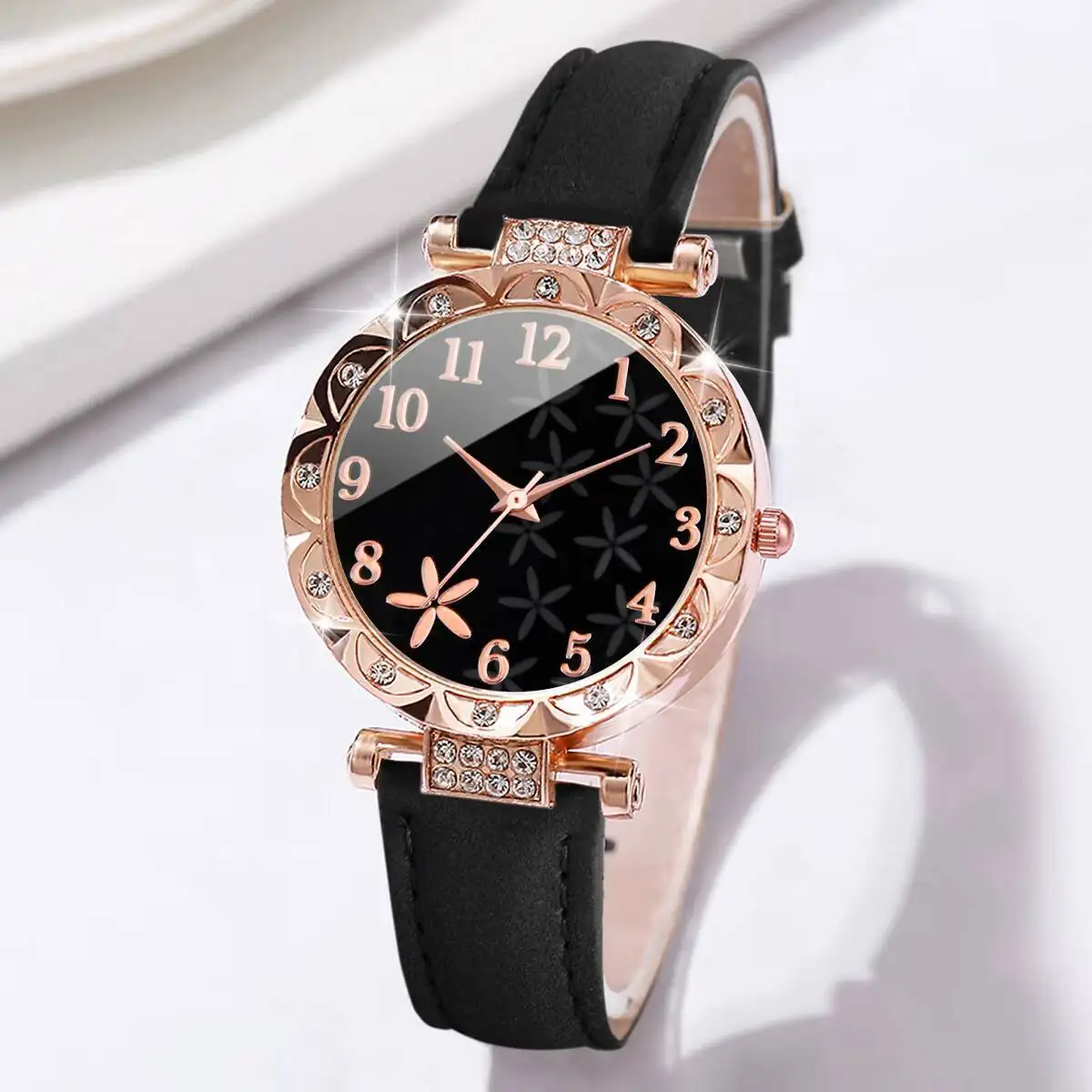 Reloj de pulsera y pulseras de cuero PU analógico para mujer, reloj de cuarzo de flores casuales, 6 piezas por juego