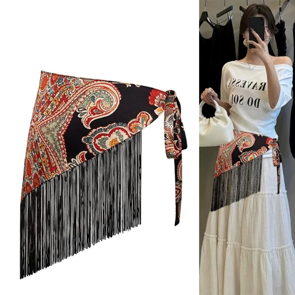 Chinese Style Ethnic Triangular Waistband Embroidered Printing Jeans Decor Floral Triangular Belt Tassel Exquisite