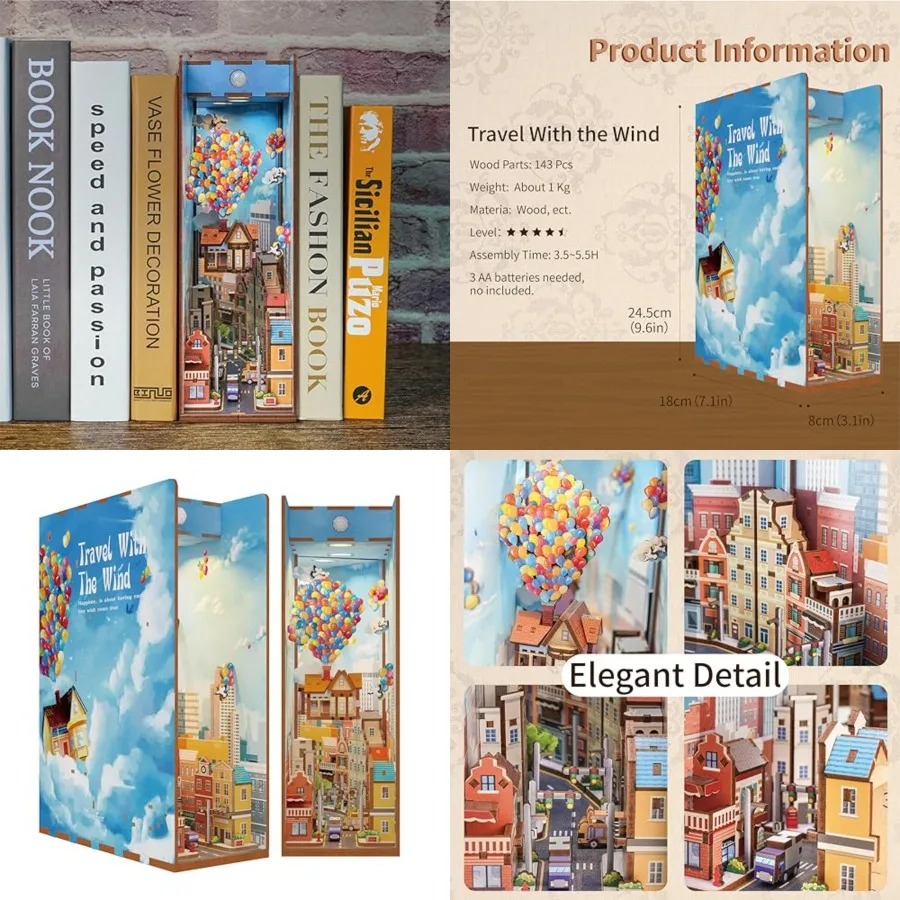 

DIY Book Nook Kit for Adults, 3D Wooden Puzzle Bookend Bookshelf Insert Library Decor, Booknook Miniature House Kit Body Motion