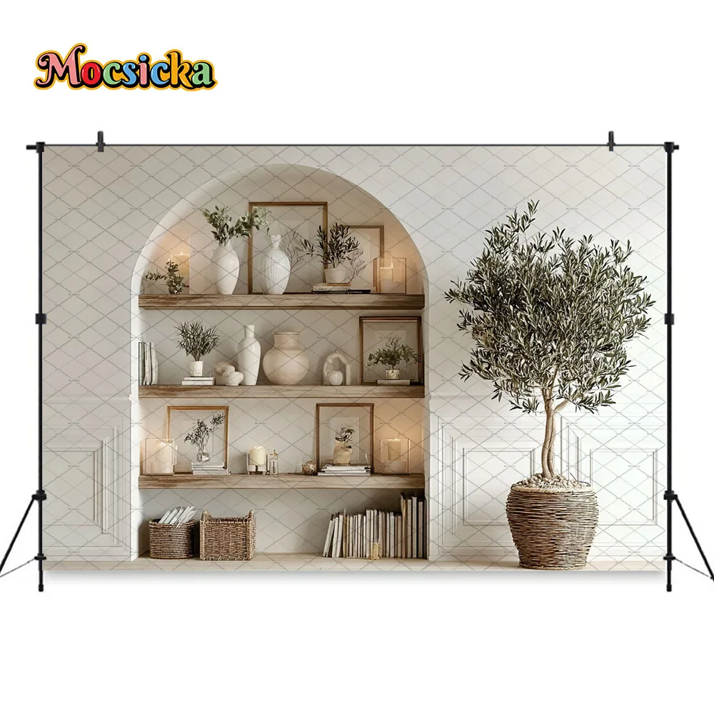 Mocsicka Photography Background Rustic Arch Shelf Boho Home Library Backdrop Family Portrait Mother's Day Photoshoot Studio view 3