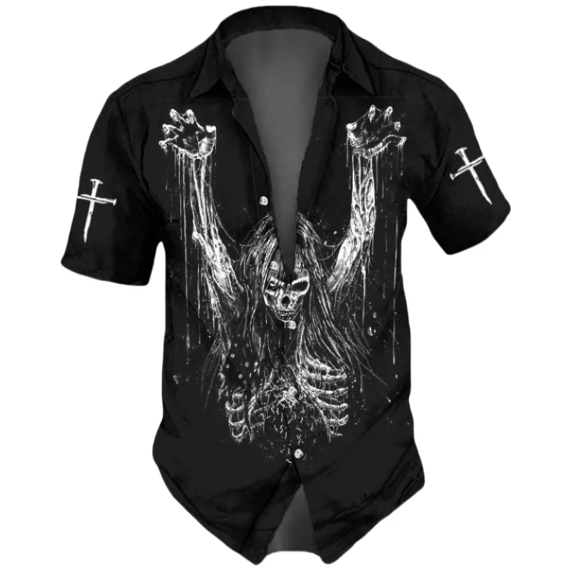 Skull Heren Shirts Horror 3d Print Casual Hawaiian Shirts Man Retro Shirt Voor Man Street Knoop Korte Mouwen Revers Kleding 2024