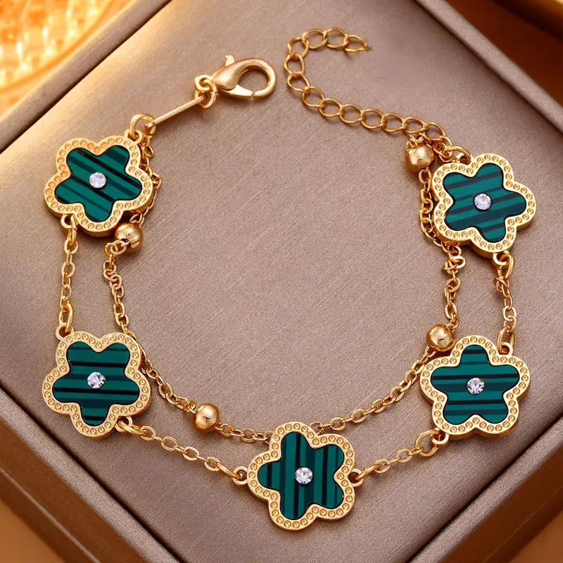 New Trendy Five Leaf Clover Flower Charm Bracelet for Women Layered Link Chain Lucky 4 Clovers Bracelets Fashion Wrist Jewelry