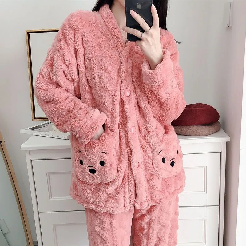 Autumn Winter New Women Outcoat Flannel Pajamas Autumn Thickened Warm Suit Loose Comfortable Homewear Casual Jacket sleepwear