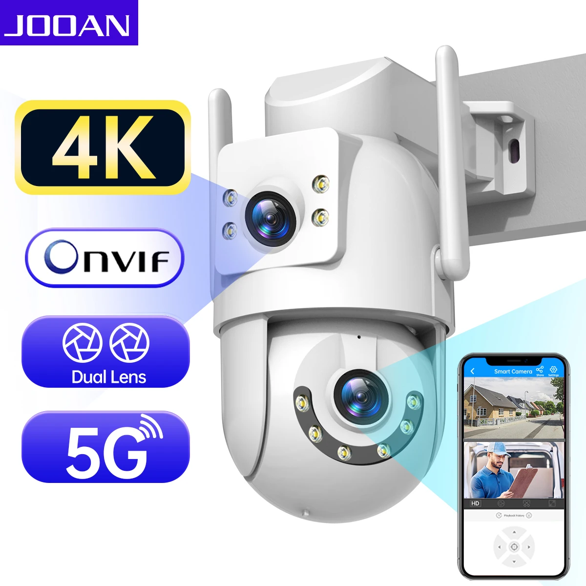 JOOAN 4K 8MP HD IP กล้อง 5G WiFi กลางแจ้ง Dual เลนส์ Dual Screen ป้องกันความปลอดภัย PTZ CAM AI ติดตามกล้องวงจรปิดการเฝ้าระวังวิดีโอ