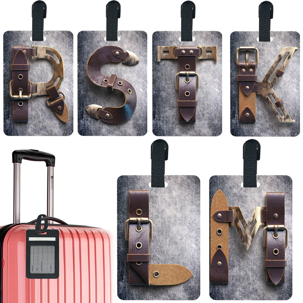 Creative Printed Baggage Tags with Thickened Leather Protective Case Business Portable Identification Tags Chain Letter Pattern