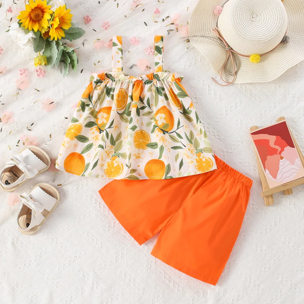 2-piece Summer Two-piece Baby Girl Suit Orange Pattern Hand-painted Style Sweet Casual Girl Suit Suspenders + Shorts