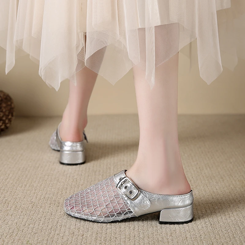 Damen-Maultiere, Hausschuhe, 2025, Sommer, klobiger Absatz, Freizeitschuhe, Damen, atmungsaktive Mesh-Hausschuhe, Damen-Designer-Sandalen mit Schnalle und Dekor