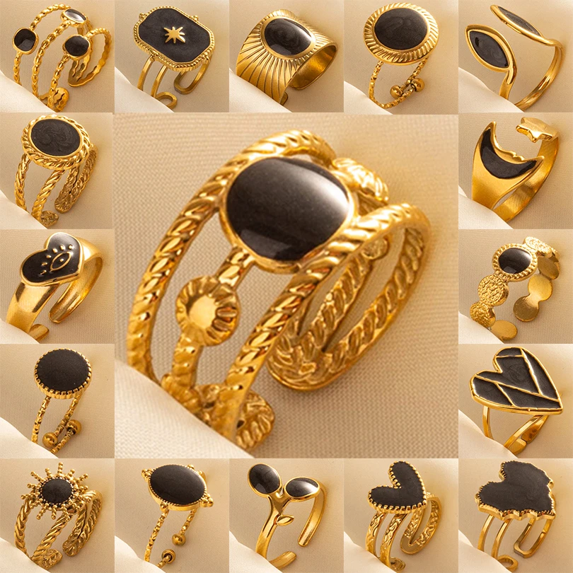 

Chic Luxury Black Enamel Golden Rings Stainless Steel Open Adjustable Finger Rings Jewelry Gifts For Women Girls Party Anillo