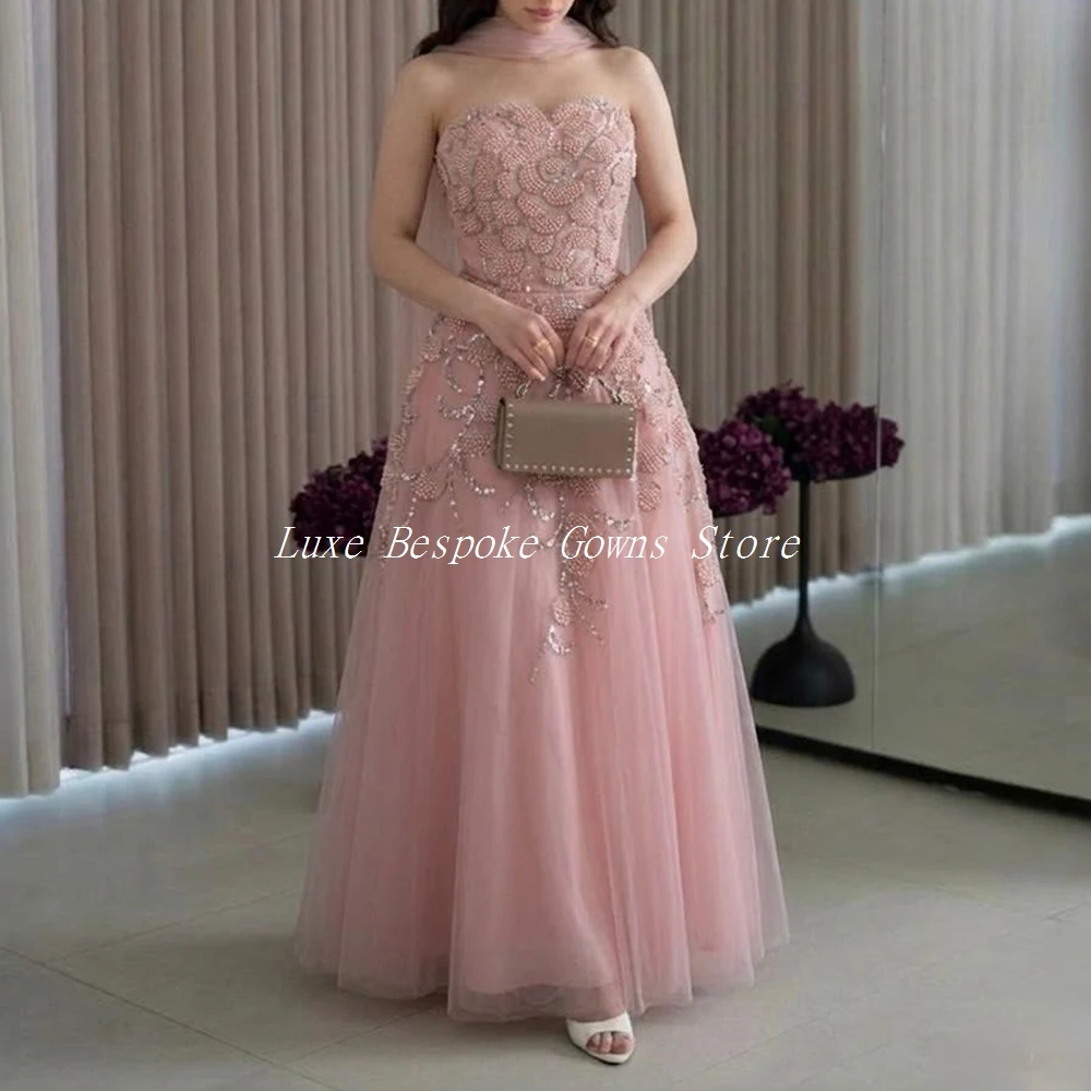 

Women's A-line Evening Dresses Floor-length Strapless Sleeveless Prom Gown Fashion Sequined Beading Stole Customized Gowns