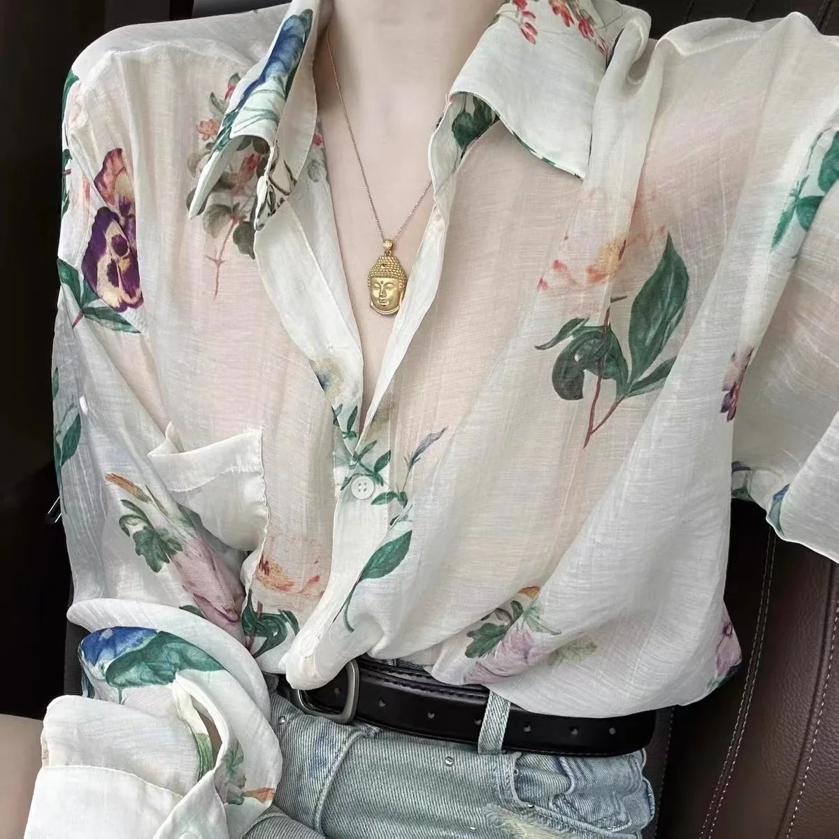 Camisa floral vintage francesa para mulheres, novo estilo ocidental, top fino protetor solar, de manga comprida, sentido sênior, primavera e verão, 2021