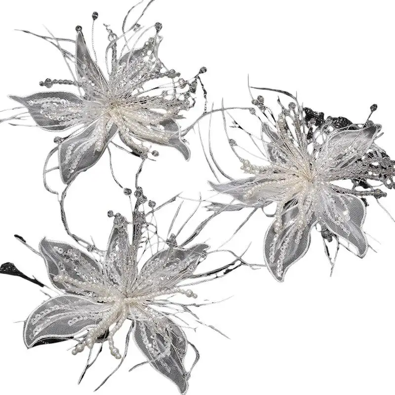 1 Stück Kristallblumen-Spitzenapplikation mit Perlen und Federn, 3D-Organza-Blumenapplikation, gedrehter Draht, handgefertigt, zum Aufnähen, DIY-Nähzubehör – Detail 9