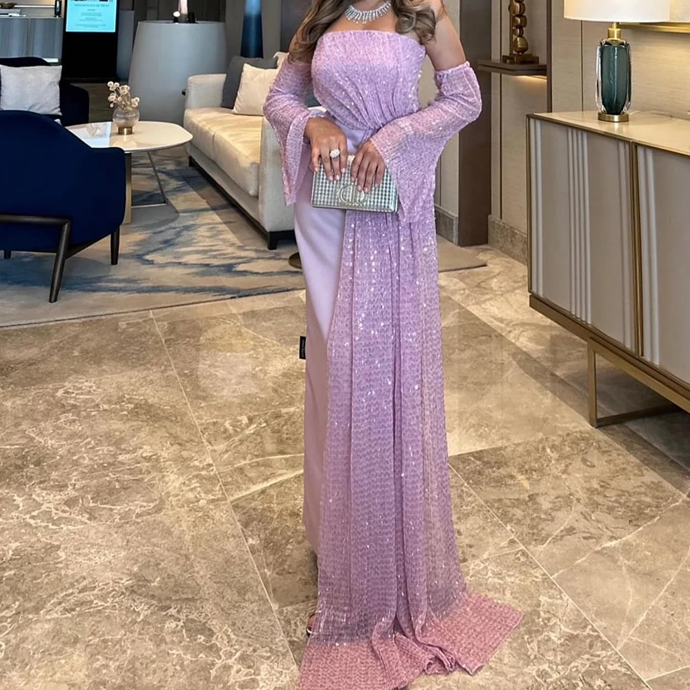 

Customized Exquisite Sequined Detachable Sleeve Satin Evening Dresses Modern Straight Floor Length Strapless Long Sleeves