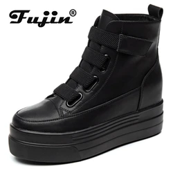 Fujin 8.5cm Genuine Leather Women Spring Ankle Boots Platform Wedge Autumn Winter Plush High Brand Hidden Fashion Hook Shoes