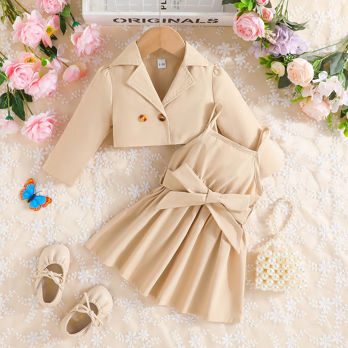 2 Pieces/suit Newborn Girl 6 Months -4 Years Long Sleeve Top Sling dress Princess Dress Costume Baby suit