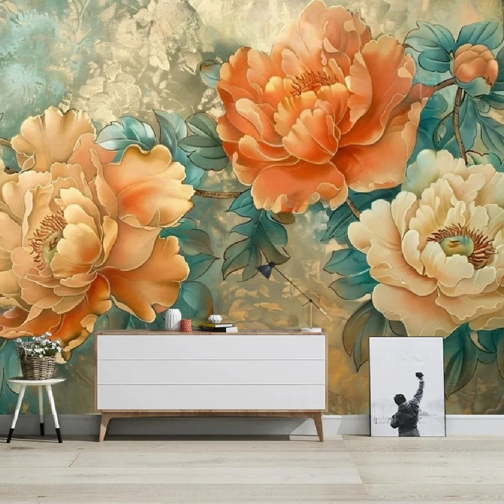 Customized Wallpaper European style retro three-dimensional peony flower Photo Wall Mural Living Room TV Sofa Backdrop Wallpaper