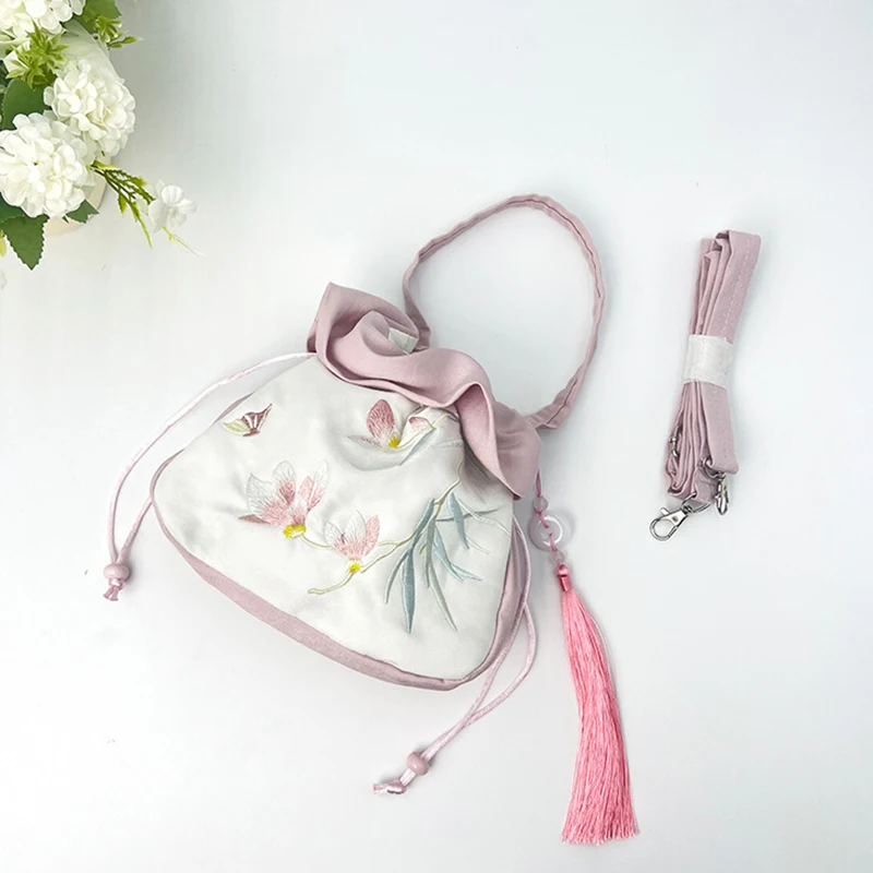 Embroidery Crossbody Chinese Hanfu Shoulder Drawstring Bucket Bag Coin Handbags Literary Fringe Ancient Style and Casual