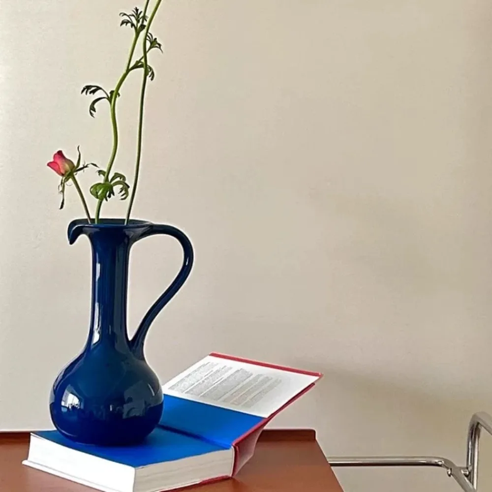 Retro Jug Shaped Ceramic Vase with Handle Elegant Glossy Flower Holder for Fresh Dried Flowers Desktop Home Ornament