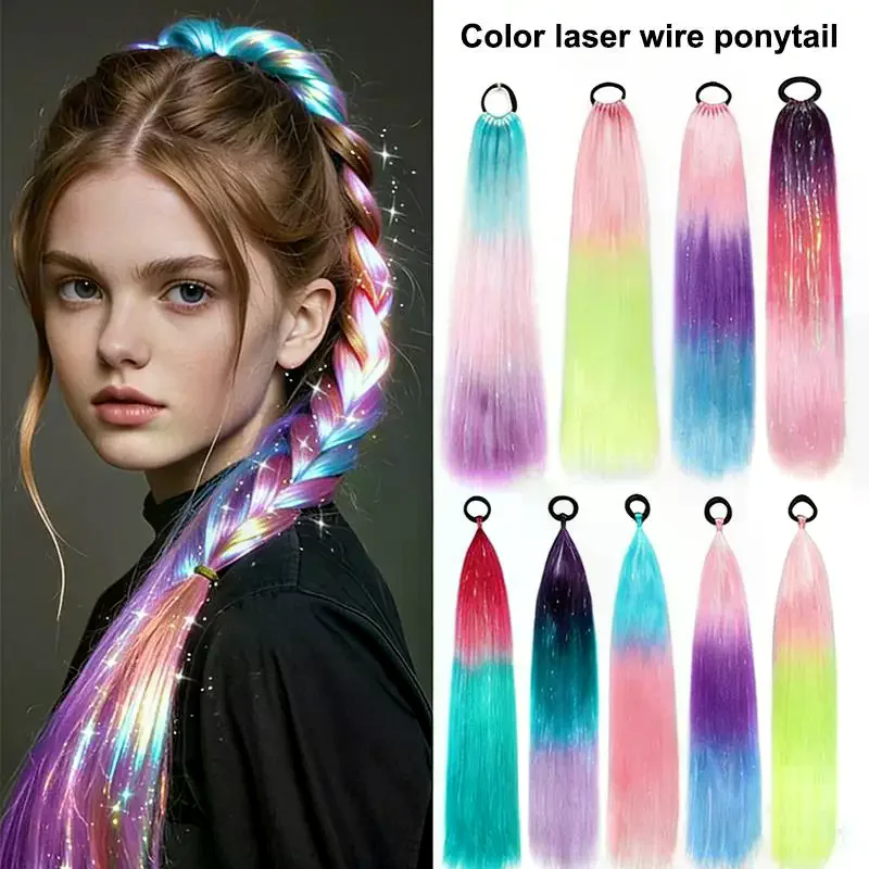 

1Pcs Synthetic Colorful Laser Wire Ponytail Braided Shiny Long Straight Hair Ponytail Wig Synthetic Hair Extensions For Women