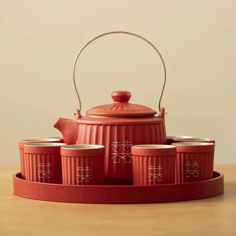 

Gift For Newlyweds Chinese Wedding Tea Set Red Enamel Double Happiness Cups High End Bride Dowry Gift For Best Friend Couple