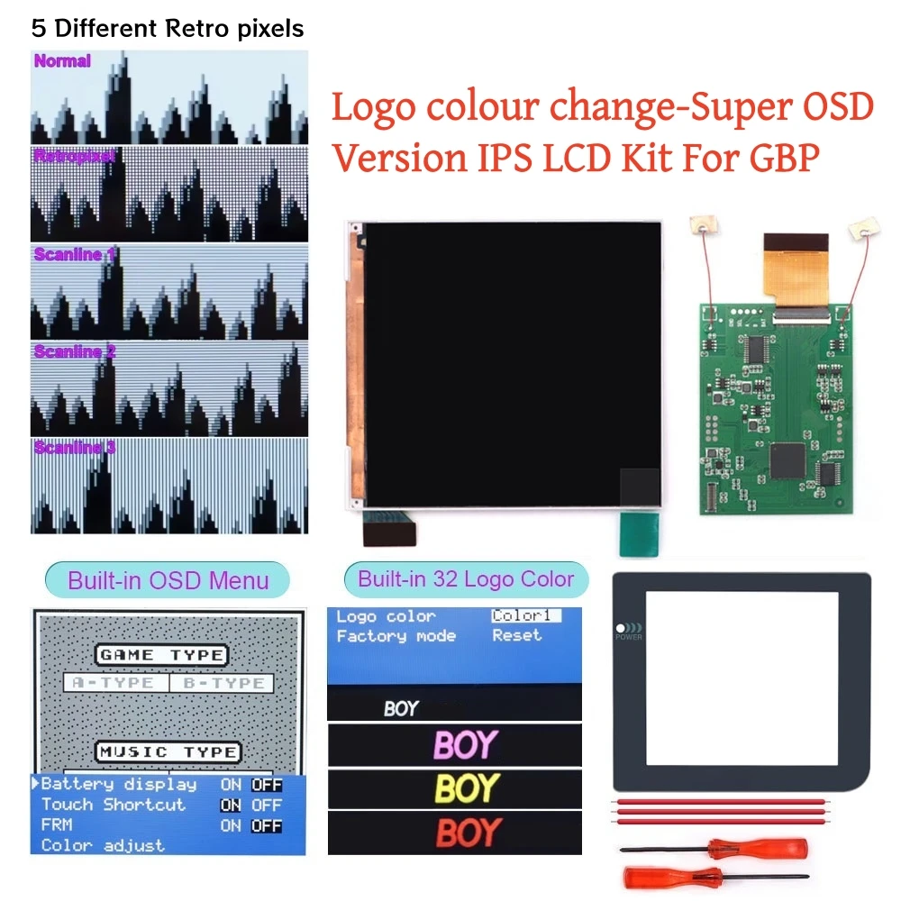 Hispeedido Logo Color Change Build in OSD Retro Pixel 8 Color IPS Backlight Q5 LCD Screen Kit For Game Boy Pocket