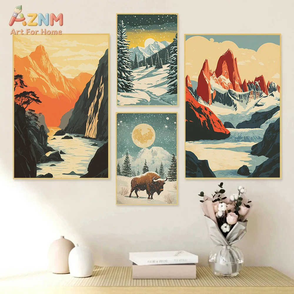 AZNM Vintage Multi-Style Mountain Rice Field Snow Scenery Canvas Poster, Frameless Nature Landscape Wall Art for Household Space