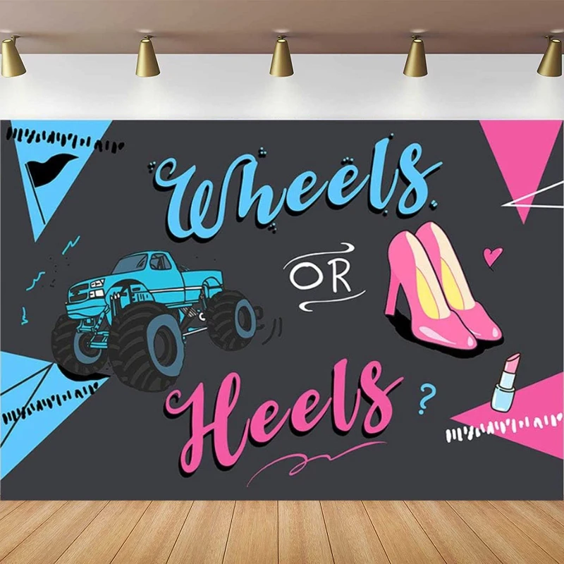 Heels Or Wheels Gender Reveal Photography Backdrop Blue Or Pink Boy Or Girl Baby Shower Party Decoration Black Background Poster