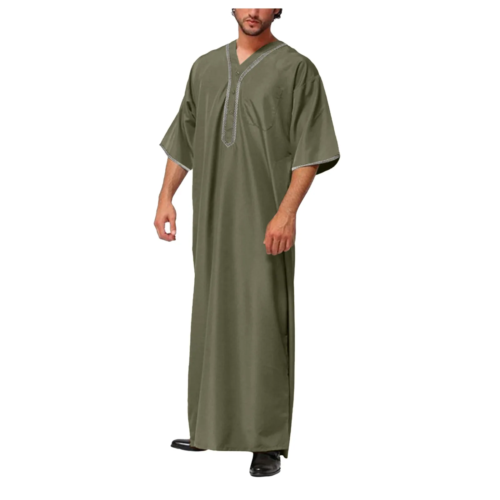 Robe muçulmano para homens, Robe médio árabe, Casaco manga comprida, Bolso bordado, Roupa de oração