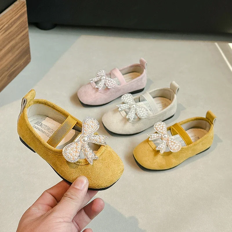 Girls Moccasins Sweet Pearls Elegant Slip-on Children Flat Shoes Soild Color Cute 2025 New Kids Loafers Non-slip Soft Comfort