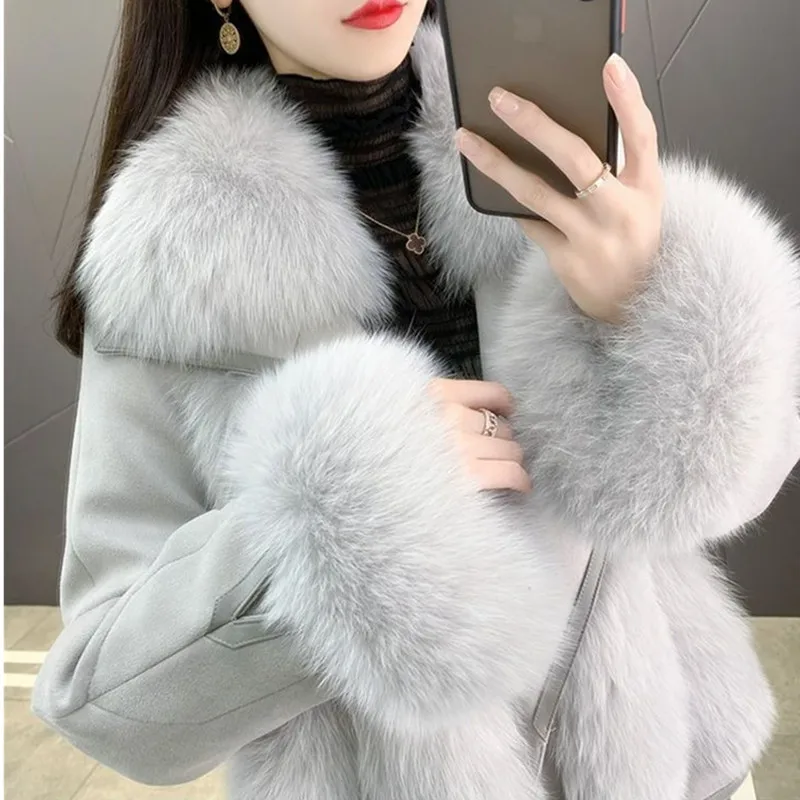 

Женское пальто 2026, осень/зима, замша, имитация лисьего меха, пальто с травой, модная меховая цельная верхняя одежда, женское пальто