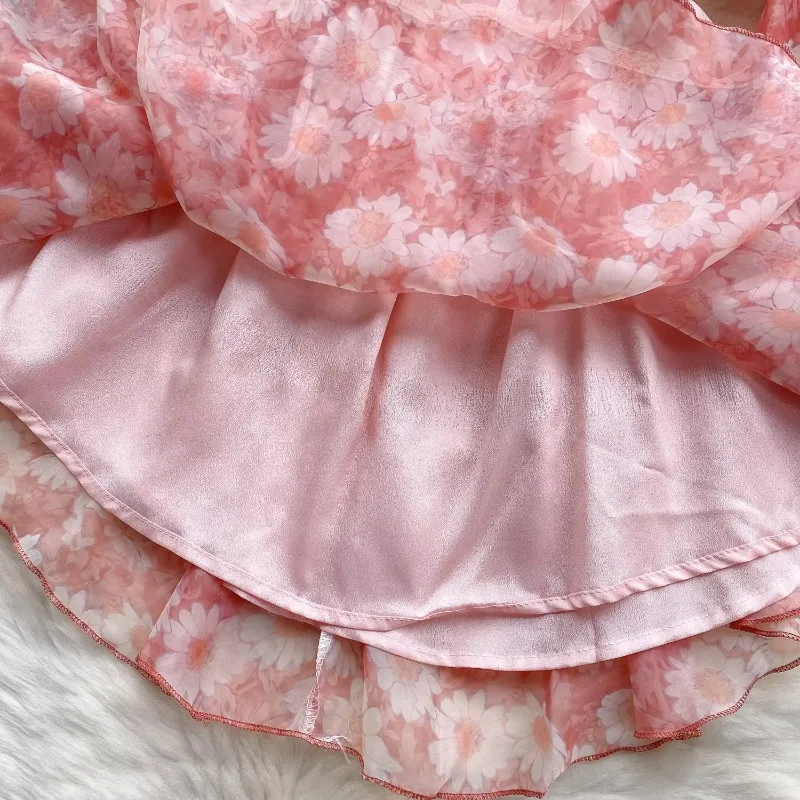 Elegant Long Puff Sleeve Vintage Square Collar Chic Sweet Daisy Print Slim A-line Dress High Street Spring Autumn Women Clothing