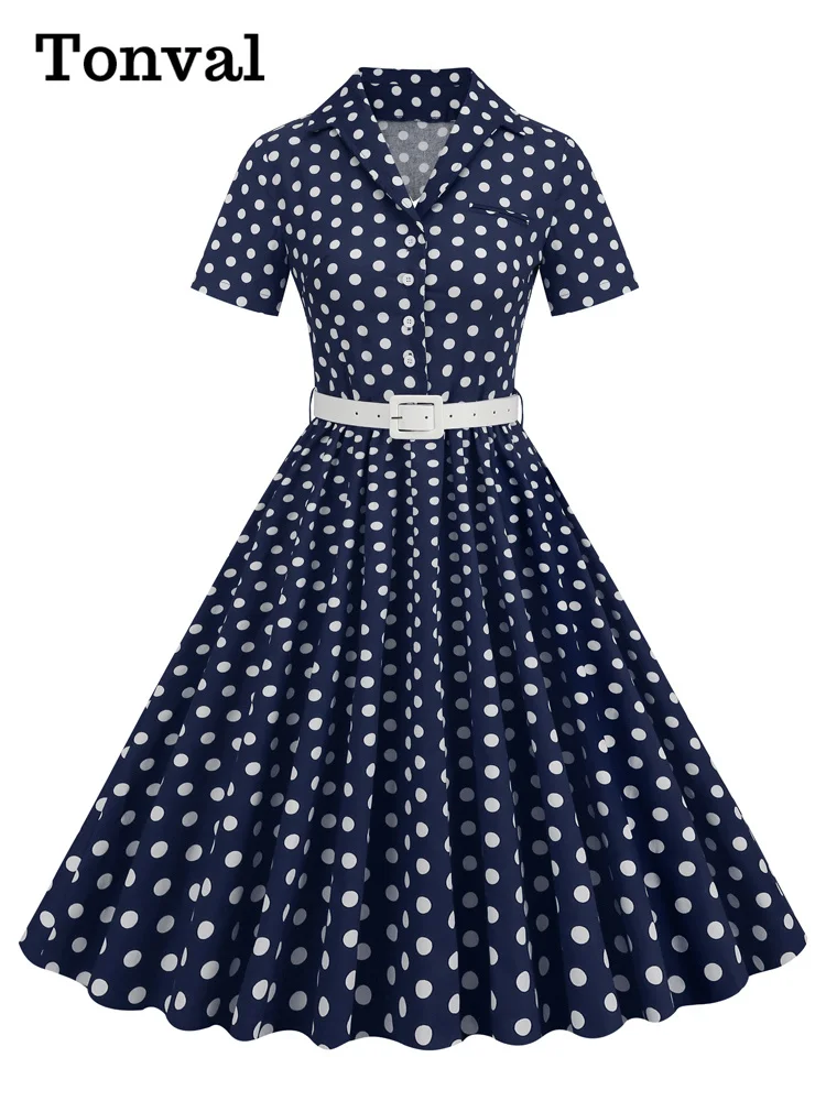 Tonval Polka Dot 50s Pinup Robe Button Up Pleated Vintage Style Dress Women Elegant Belted Ladies Rockabilly Long Dresses