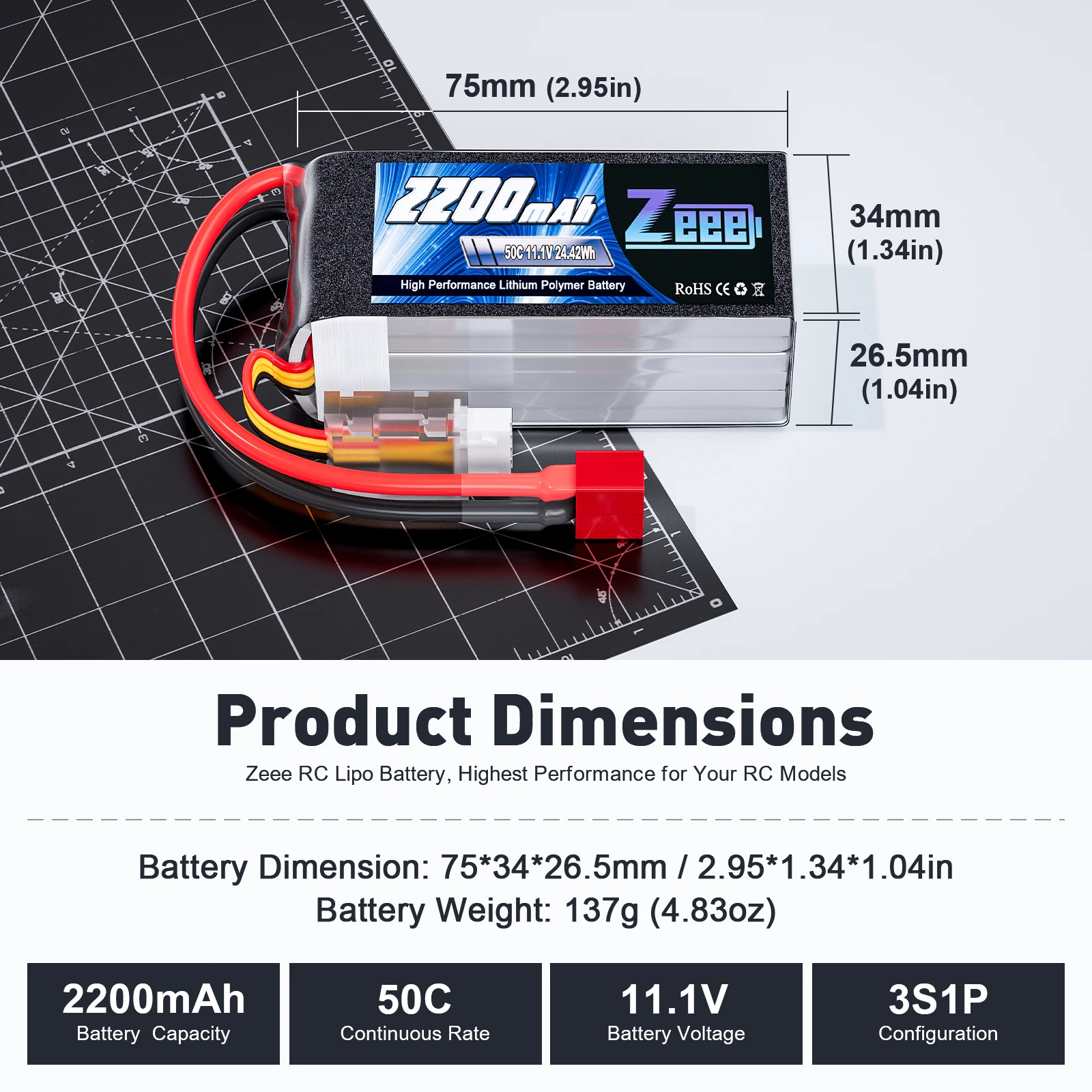 Batería de litio de 2200mAh con enchufe T/XT60 para coche, camión, Dron, avión, FPV, Hobby, 2 piezas, Zeee 3S, 11,1 V, 50C