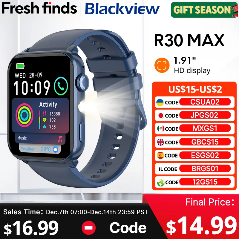 

【Мировая премьера】Blackview R30 Max Smartwatch 1,91 дюйма, фонарик, Bluetooth, телефонный звонок, аль, голосовой помощник, 350 мАч, спортивные часы