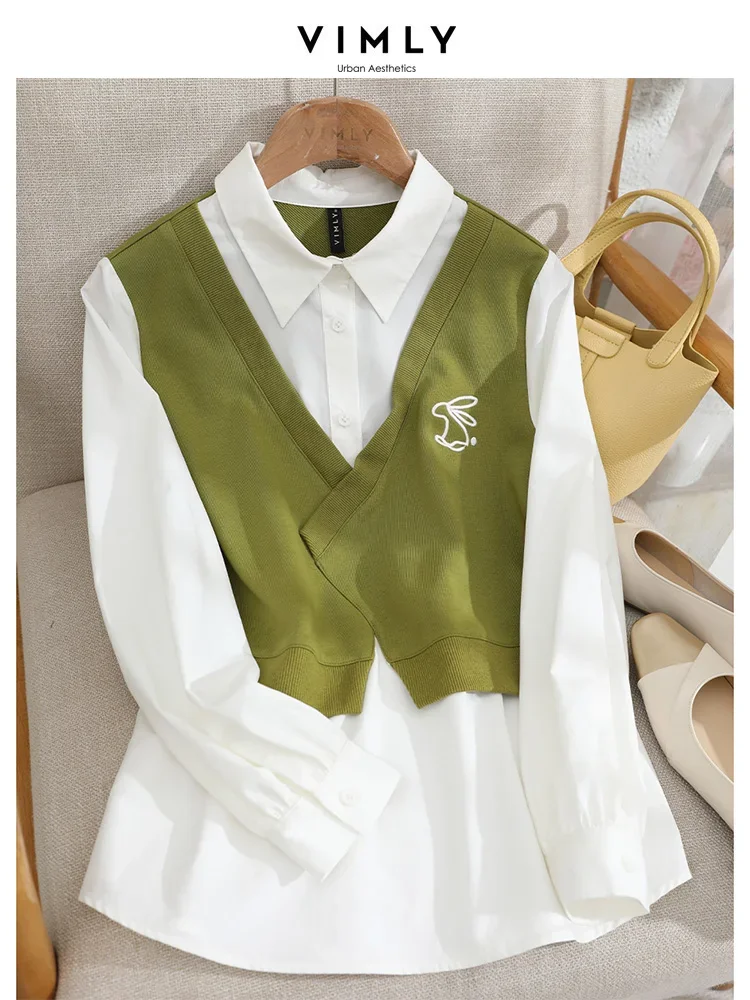 Vimly Fake Two Blouse for Women 2023 Autumn Fashion Turn-down Collar White Long Shirt and Green Knitted Vest Women Blouse M2560