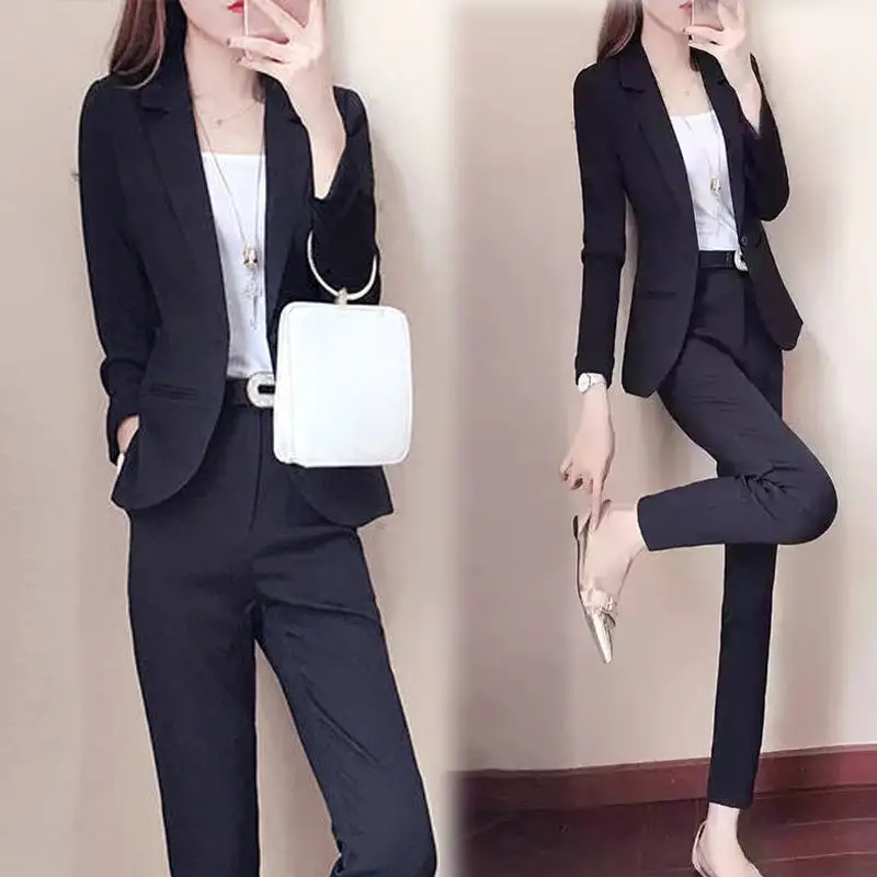 Women's Winter Retro Casual Cropped Blazer Straight Leg Pants Set Commuter Solid Color Cinched Waist Suit Trousers Two-piece Set