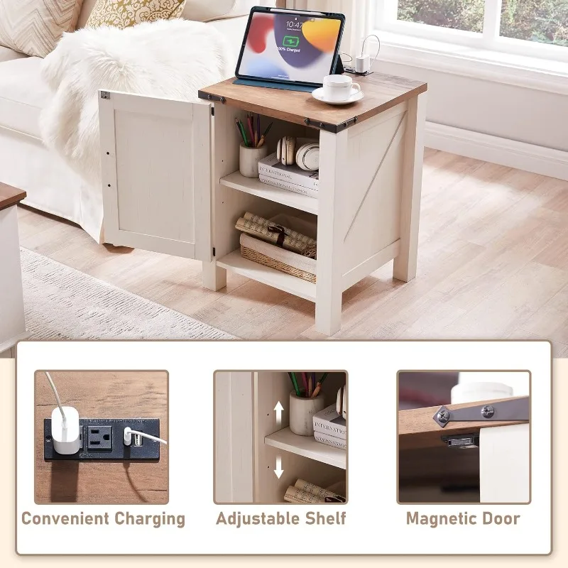 Nightstand with Charging Station, 18 Inch Farmhouse End Table with Barn Door and Adjustable Storage Shelf, Rustic Wood Sofa