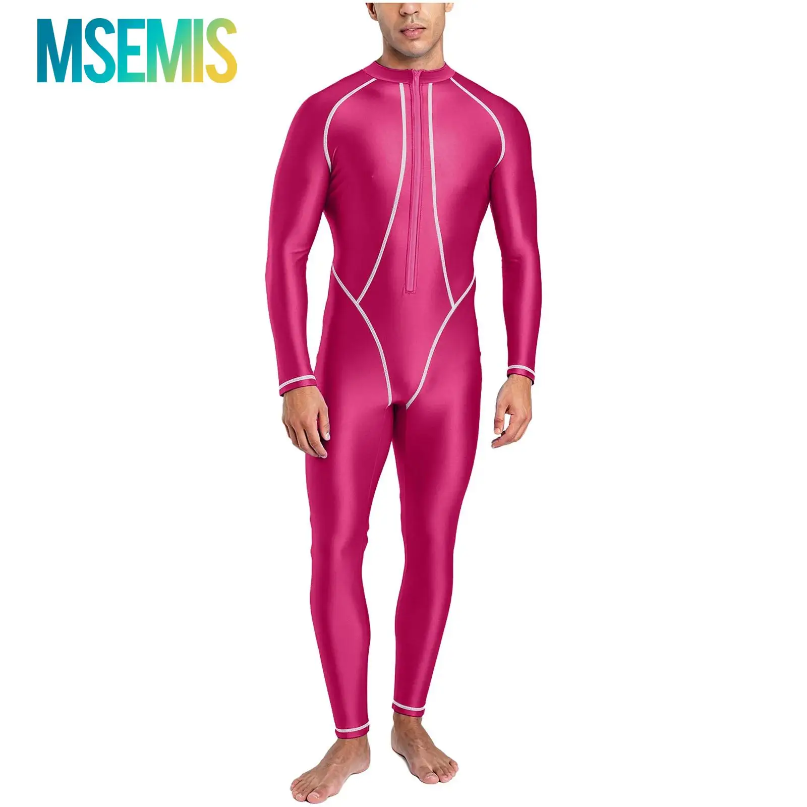 Mens Rash Guard Swimsuit Full-body Coverage Bathing Suit Mock Neck Long Sleeves Long Pants Glossy Jumpsuit One Piece Swimwear
