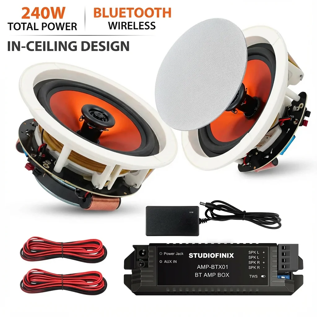 Caixa de Som Bluetooth de Teto STUDIOFINIX de 4 Polegadas com Amplificador de 2 Canais, Potência Máxima de 240W, Som Claro para Sala de Estar e Escritório