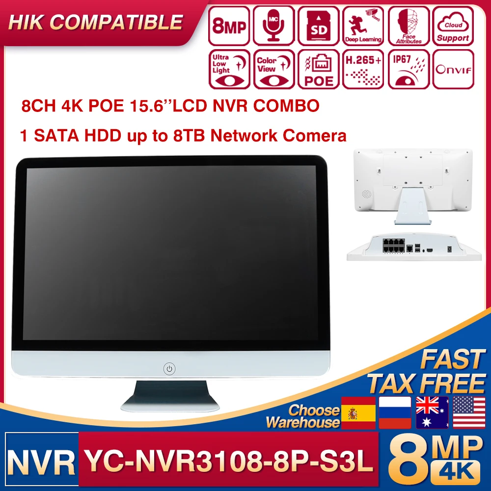 4K 8MP YC-NVR3108-8P-S3L Hikvision Compatible 8CH 4K POE 15.6inch LCD NVR Plug & Play 、Support 1-ch HDMI、1 SATA HDD up to 8TB