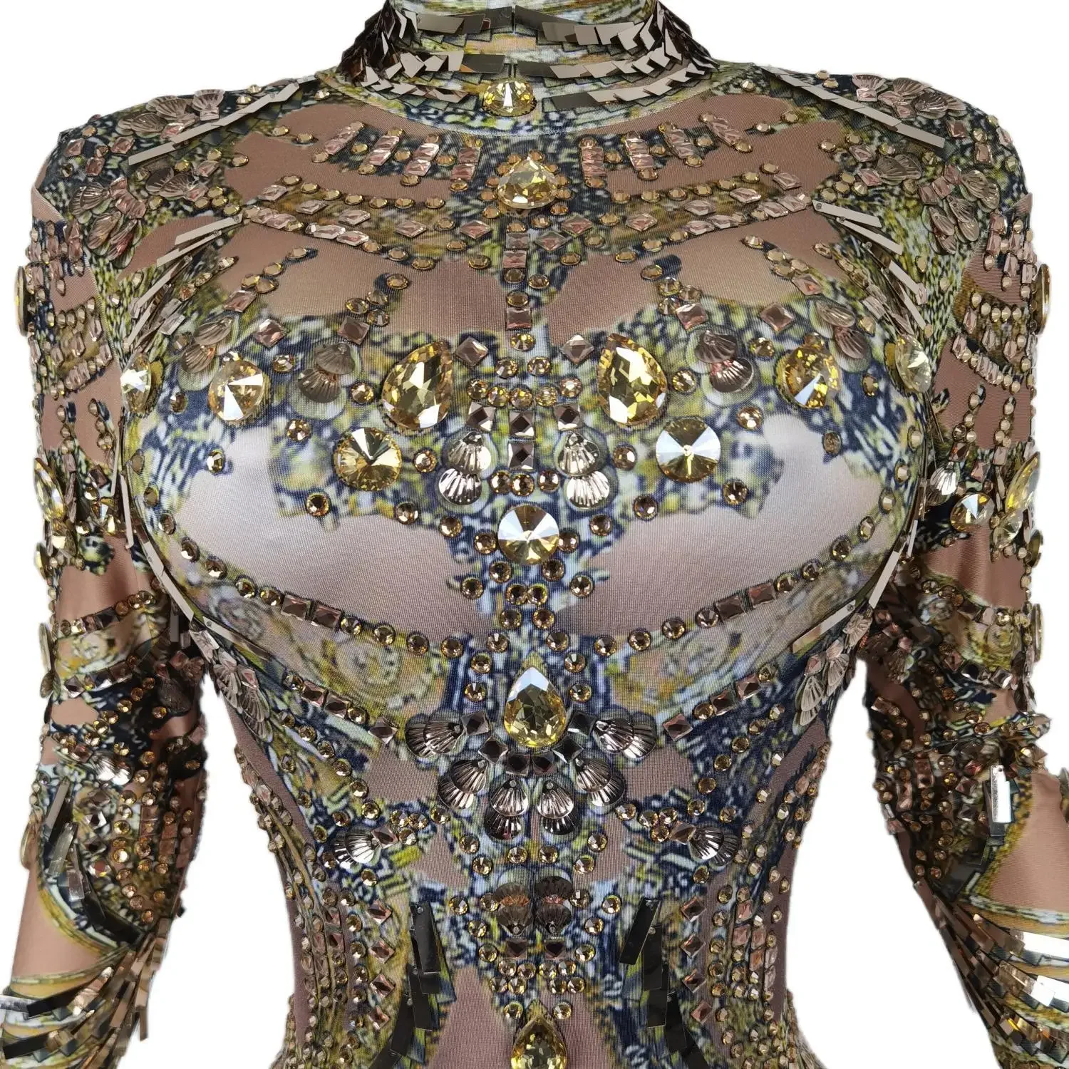 Sexy Sparkly Gold Rhinestones Sequins Jumpsuit Evening Birthday Celebrate Fringes Wedding Prom Party Photography Costume Wanxia