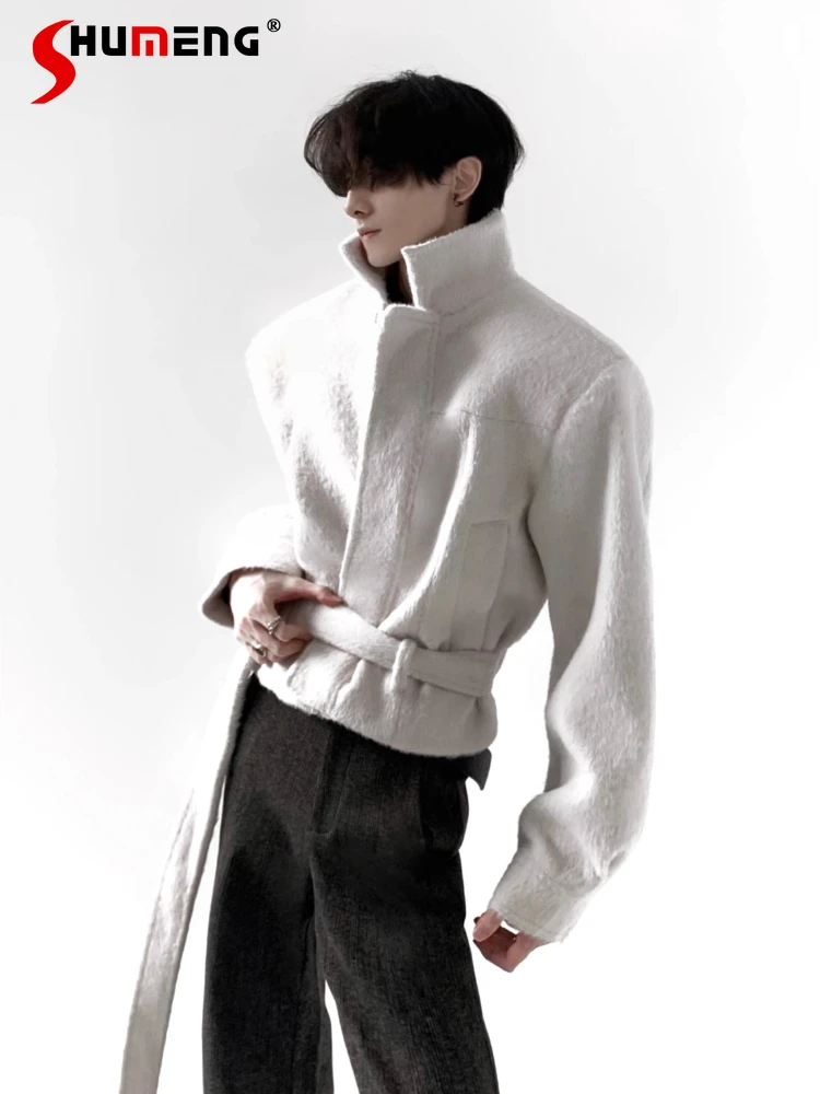 

Trendy High-End Lace-Up Lapel Jackets Men 2025 Winter New Chic Coats Male Handsome Long Sleeve Shoulder Pads Solid Color Jackets