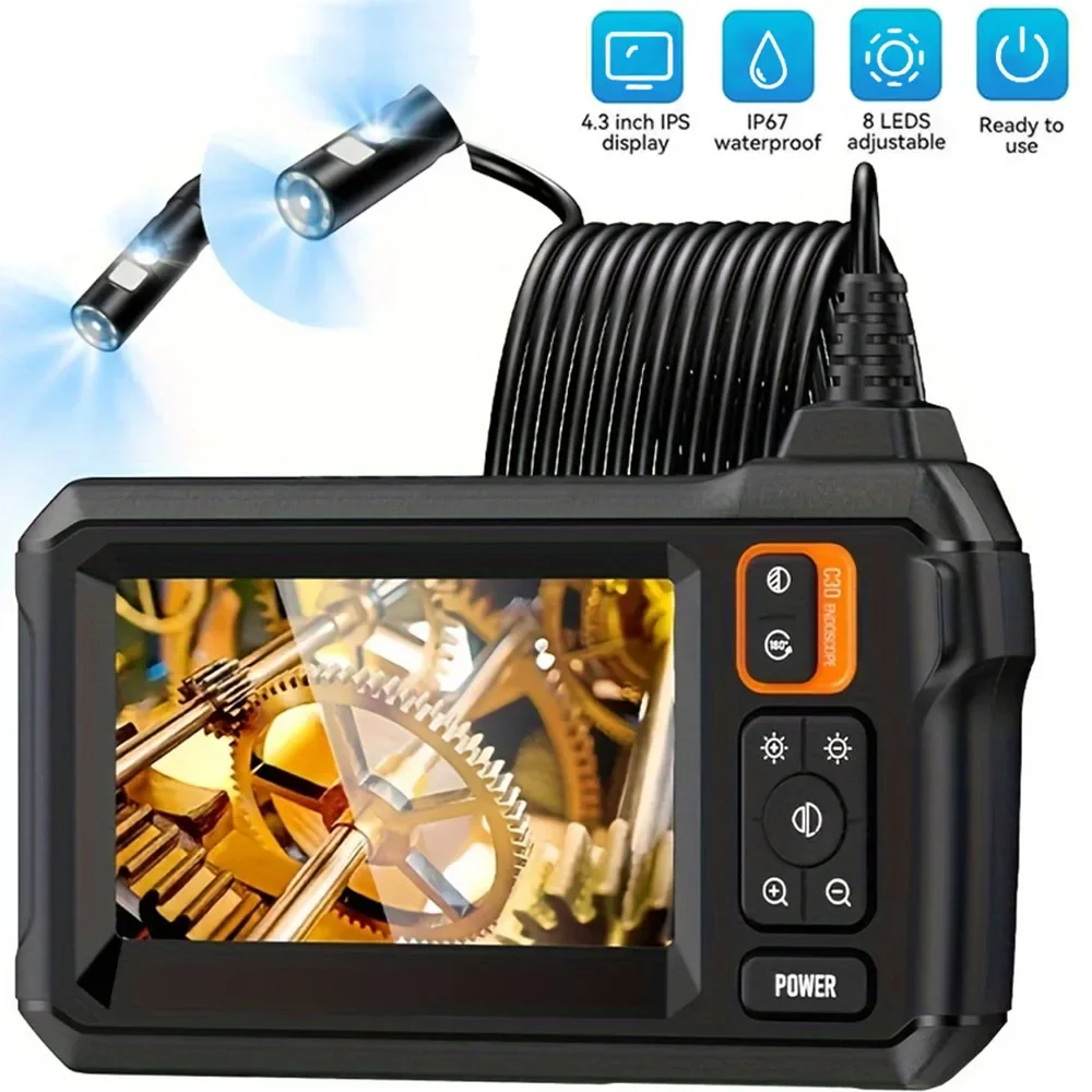 

1080P HD Industrial Endoscope Camera 4.3inch IPS Screen 8mm IP67 Waterproof 8 LED Light Inspection Borescope for Pipe Car Repair