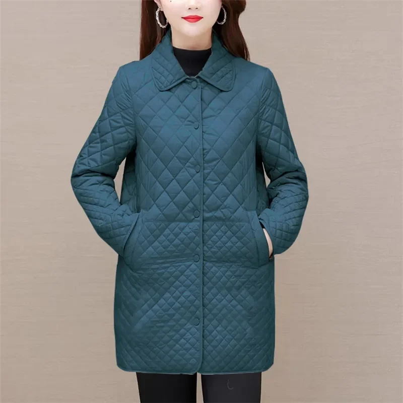 Medium Long Large Sized igh End Diamond Checkered Cotton Coat Women\'s Winter New Casual Light Thin Cotton Jacket Female