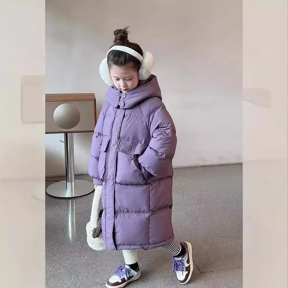 2024 New Girls\' Long Down Cotton Jacket Korean  Fashion Cotton Coat Coat Middle and Large Children\'s Hooded Casual