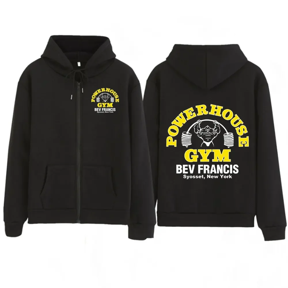 Powerhouse Gym Sudadera con capucha gráfica Olympia Fitness levantamiento de pesas ejercicio Hip-hop sudadera con cremallera hombres mujeres Harajuku cremallera sudaderas con capucha