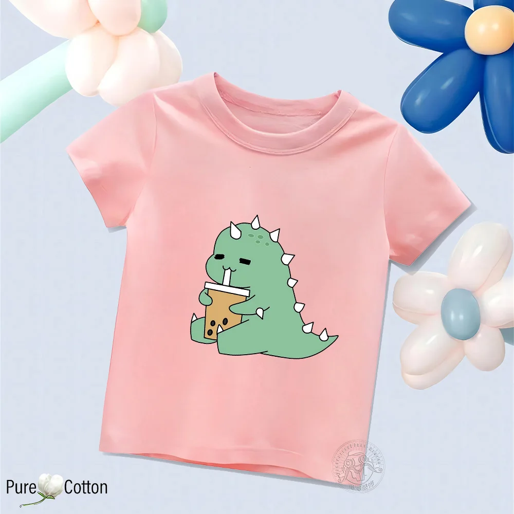 Pure Cotton Shirt for Children, Cute Little Dinosaur Print Short Sleeved Harajuku Top Multi-Color, Breathable, Quick Drying, Boy